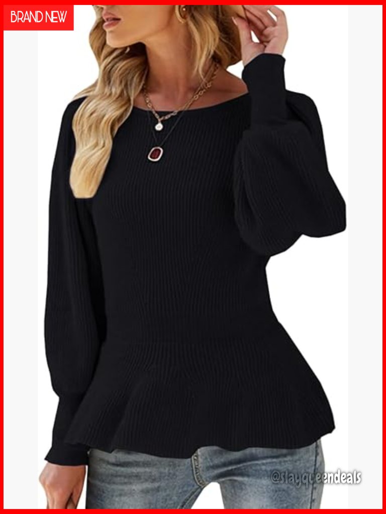 Puff Sleeve Peplum Slim Fit Knit Pullover Sweater Jumper Top